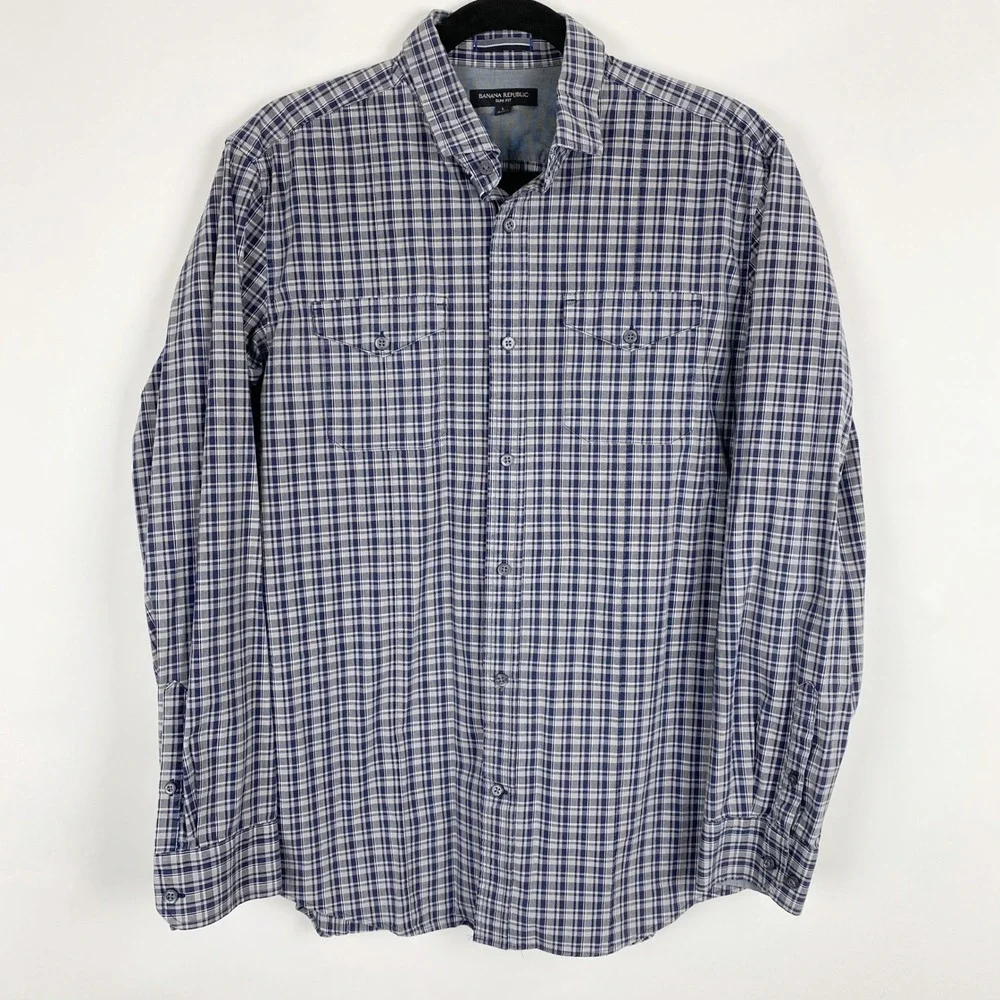 Banana Republic Slim Fit Plaid Button Down Shirt Men Large Blue Gray Long Sleeve